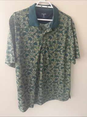 Amazon Essentials Green Floral Polo with Dark Green Collar